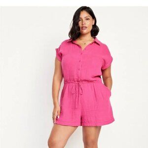 Old Navy Womens XL Waist-Defined Crinkle Gauze Romper 3” Inseam Hot Pink